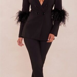 Fashion Nova Black Feather-Accent Pantsuit